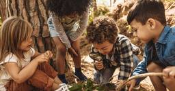 Four preschoolers observing nature by engaging in visual learning and observing patterns found outside.