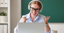 Early childhood educator sitting at computer and smiling as they engage in online professional development