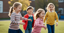 4 preschool children smiling and running through a school yard