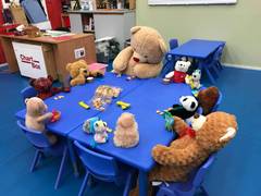 stuffed animals sitting around a table