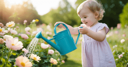 Preschool girl in a pink dress watering flowers outside with a large blue watering can